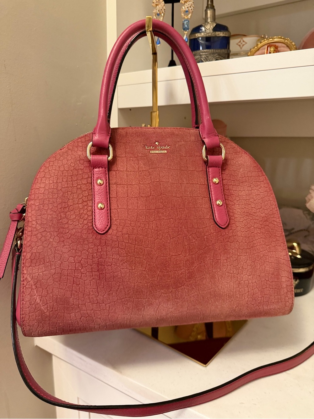 kate spade Pink SUEDE Textured Dome Crossbody Satchel wow
